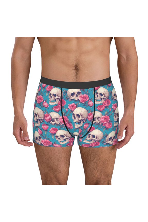 happy Skull rose Print Men's Boxer Briefs, High Elastic Moisture Wicking Boxer Briefs Underwear-Medium