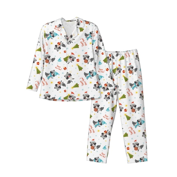 Gukieu happy new year Raccoon Print Men's Long-sleeved Pajamas Set, Elastic Waist Pajamas Button-down Pajamas Two-piece Set, Suitable for Adult Male Home Wear-Medium