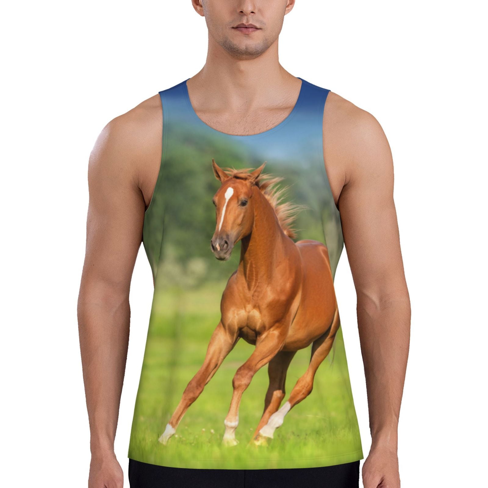 Gukieu horse running freely Print Men's Quick Dry Fitness Vest, Round Neck Sleeveless Fitness Bodybuilding Top-Medium