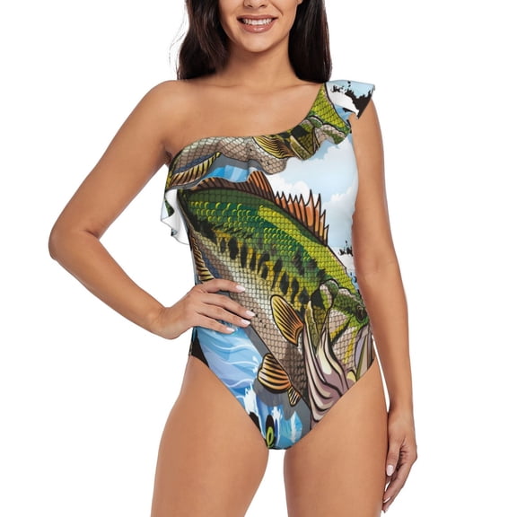 Gukieu i like big Bass & i cannot lie Print One-shoulder Ruffled One-piece Swimsuit with Removable Chest Pads and Tummy-control Swimsuit for Women-Large