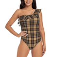 thumbnail image 1 of Gukieu khaki coffee plaid Print One-shoulder Ruffled One-piece Swimsuit with Removable Chest Pads and Tummy-control Swimsuit for Women-X-Large, 1 of 6