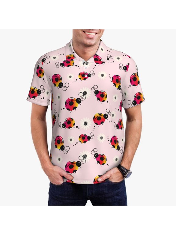 ladybugs and flower Print Men's Quick-drying POLO Shirt, Button-down Summer T-shirt, Suitable for Work and Outdoor Activities-Small