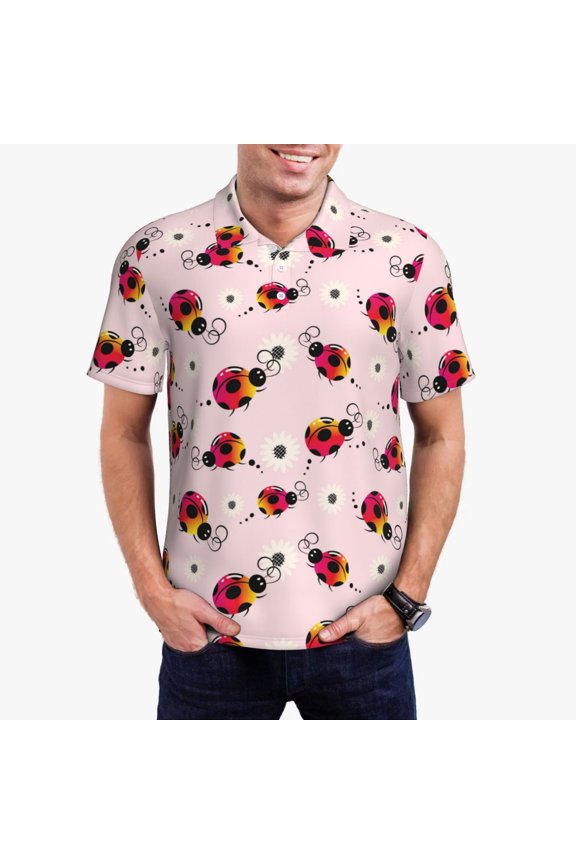 ladybugs and flower Print Men's Quick-drying POLO Shirt, Button-down Summer T-shirt, Suitable for Work and Outdoor Activities-Small