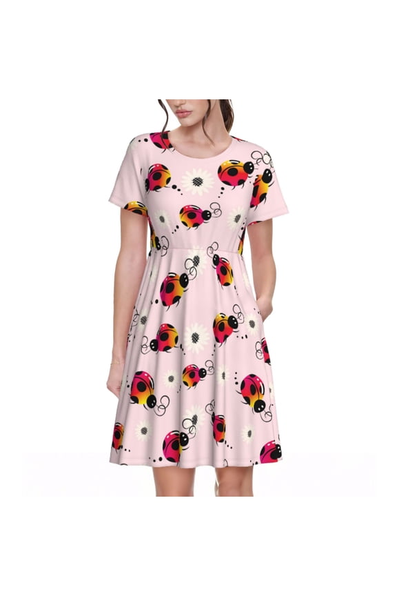 ladybugs and flower Print Women's Short Sleeve Dress, Elastic Waistband A-line with Pockets Summer Dress, Suitable for Daily Leisure, Work, Vacation