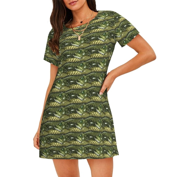 Gukieu largemouth bass Print Women's Nightgown, A-line Round Neck Short-sleeved Nightgown Pajamas Home Wear Suitable for Home and Outing