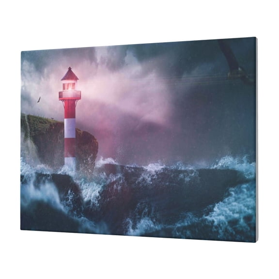 Gukieu lighthouse Waves Torrential Rain Print Horizontal Canvas Decorative Painting 12x16 Inch Shrinkage Resistant Frame Hanging Home Wall Art Decor