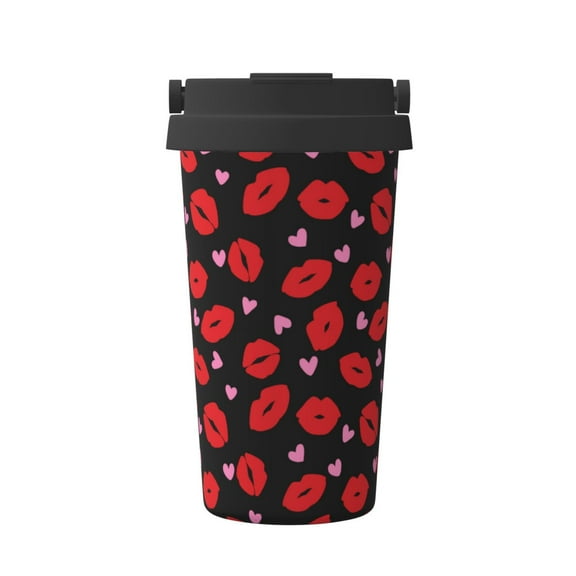 Gukieu lips and hearts Print Insulated Coffee Cup, Portable Stainless Steel Vacuum Cup with Lid, Unisex, Suitable for Office, Cafe, Car