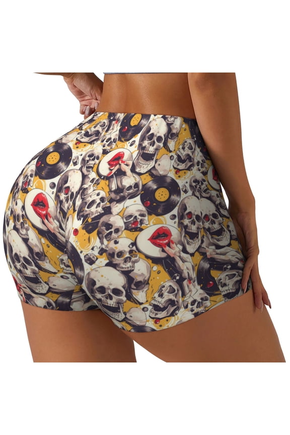 lips record rock Skull Print Women's Sports Shorts, Elastic Waist High Stretch Running Yoga Gym Sweatpants-Small