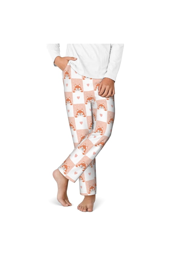 love plaid fox Print Youth Home Trousers, Elastic Waistband with Pockets for Home and Outing, Suitable for Children Aged 5-16-Large