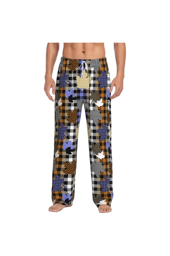 maple leaves Houndstooth Print Men's Home Trousers, Elastic Drawstring Home Pajamas Clothing Suitable for Adult Men-Medium