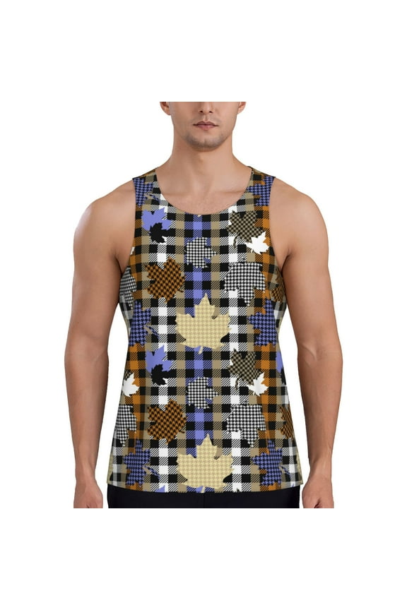 maple leaves Houndstooth Print Men's Quick Dry Fitness Vest, Round Neck Sleeveless Fitness Bodybuilding Top-XX-Large