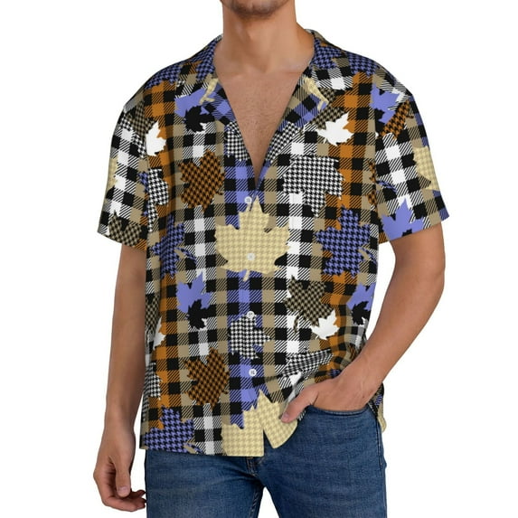 Gukieu maple leaves Houndstooth Print Men's Short-sleeved Shirts, Button-down Pocket Shirts, T-shirts, Beach Vacation Travel Summer Clothing-Small