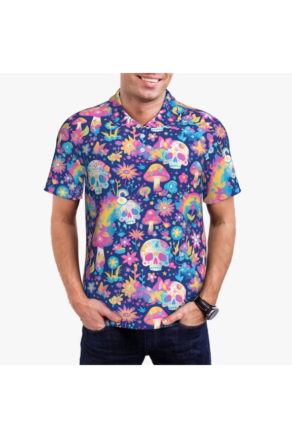 mushroom Skull rainbow color Print Men's Quick-drying POLO Shirt, Button-down Summer T-shirt, Suitable for Work and Outdoor Activities-Large