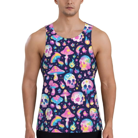 Gukieu mushroom colorful Skull star Print Men's Quick Dry Fitness Vest, Round Neck Sleeveless Fitness Bodybuilding Top-Medium