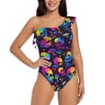 thumbnail image 1 of Gukieu mushroom rainbow color Skull Print One-shoulder Ruffled One-piece Swimsuit with Removable Chest Pads and Tummy-control Swimsuit for Women-X-Large, 1 of 6
