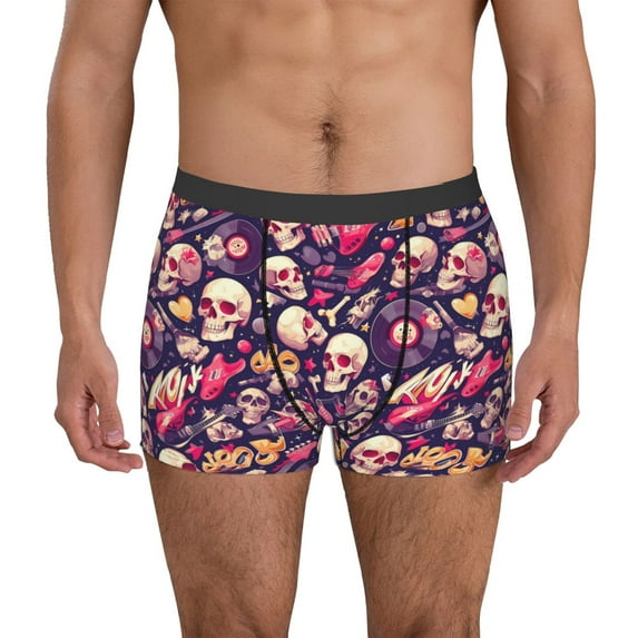 Gukieu music Skull record Guitar Print Men's Boxer Briefs, High Elastic Moisture Wicking Boxer Briefs Underwear-Small