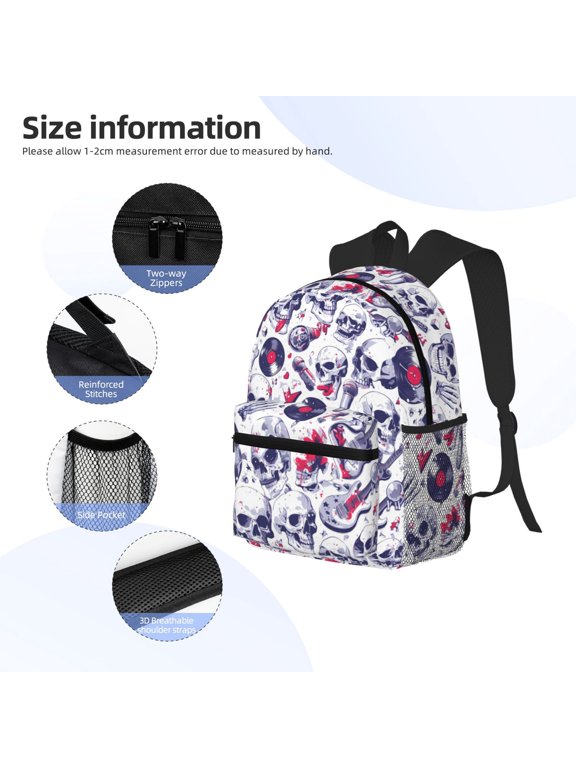 music Skull record mike Print Backpack, Waterproof Backpack with Adjustable Shoulder Straps, Suitable for Campus, Business, Travel, Unisex
