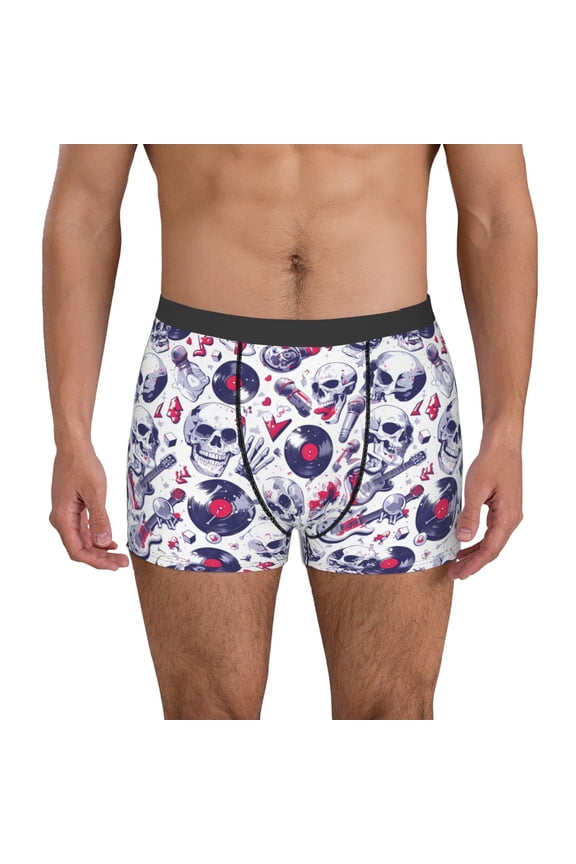 music Skull record mike Print Men's Boxer Briefs, High Elastic Moisture Wicking Boxer Briefs Underwear-Large