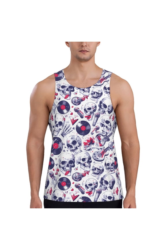 music Skull record mike Print Men's Quick Dry Fitness Vest, Round Neck Sleeveless Fitness Bodybuilding Top-Large