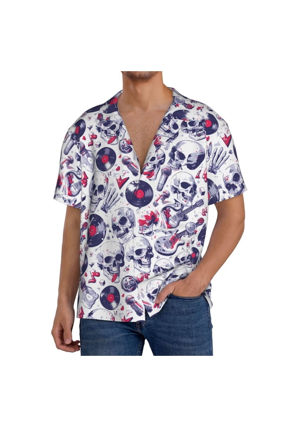 music Skull record mike Print Men's Short-sleeved Shirts, Button-down Pocket Shirts, T-shirts, Beach Vacation Travel Summer Clothing-Large
