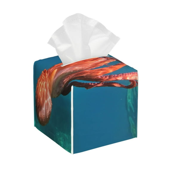 Gukieu octopus swimming Print Leather Tissue Box, PVC Waterproof Velcro Opening and Closing Square Tissue Box Holder, Suitable for Home and Office Decoration