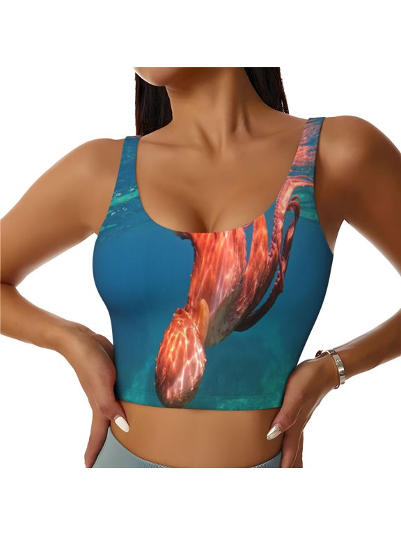 octopus swimming Print Women's Sports Vest, Low-neck U-shaped Removable Pad Sports Bra for Yoga, Exercise, Dance-Medium