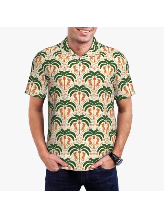 palm tree Asian leopard Print Men's Quick-drying POLO Shirt, Button-down Summer T-shirt, Suitable for Work and Outdoor Activities-Large