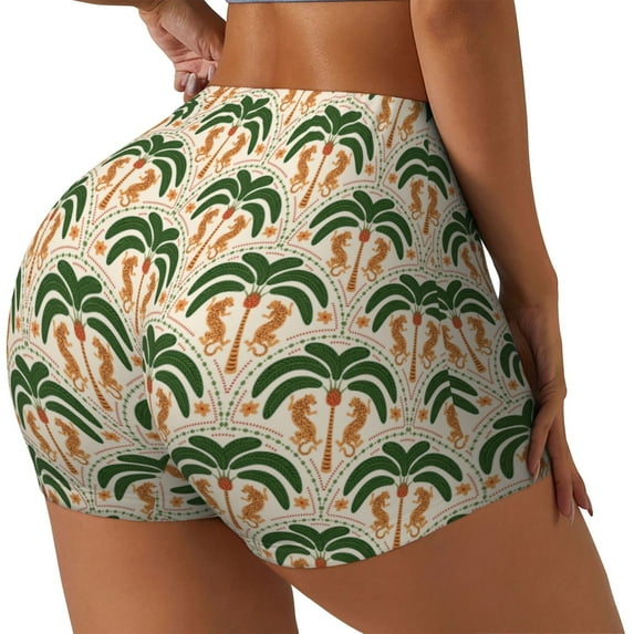 Gukieu palm tree Asian leopard Print Women's Sports Shorts, Elastic Waist High Stretch Running Yoga Gym Sweatpants-XX-Large
