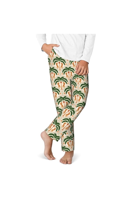 palm tree Asian leopard Print Youth Home Trousers, Elastic Waistband with Pockets for Home and Outing, Suitable for Children Aged 5-16-Small