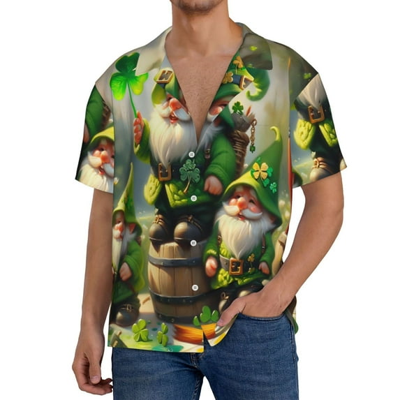 Gukieu patrick’s day gnomes Print Men's Short-sleeved Shirts, Button-down Pocket Shirts, T-shirts, Beach Vacation Travel Summer Clothing-XX-Large