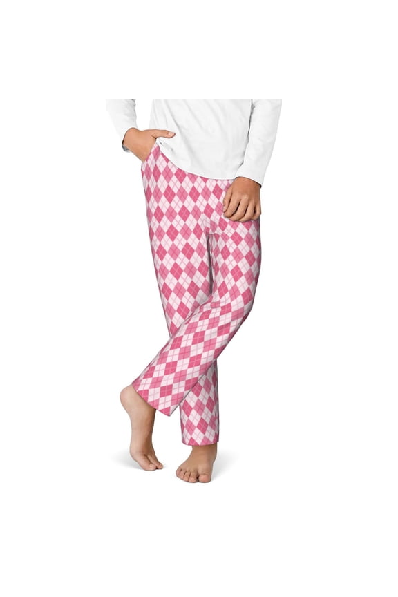 pink argyle Print Youth Home Trousers, Elastic Waistband with Pockets for Home and Outing, Suitable for Children Aged 5-16-Small