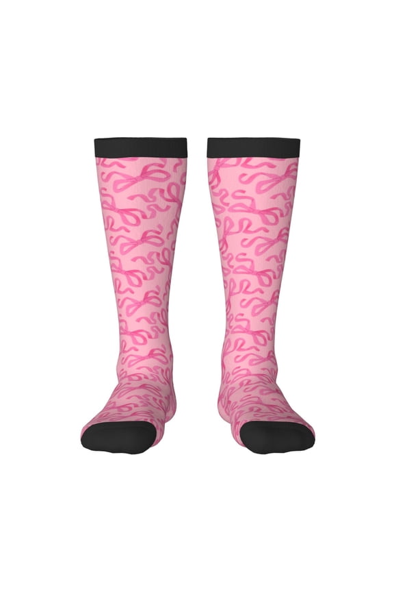 pink bow Print Contrast Color Stockings, Elastic Sports Socks Warm Socks Clothing Accessories, Adult Unisex