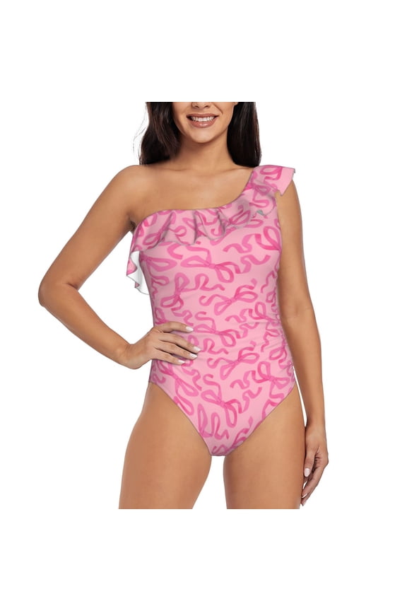 pink bow Print One-shoulder Ruffled One-piece Swimsuit with Removable Chest Pads and Tummy-control Swimsuit for Women-X-Large