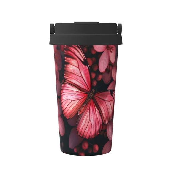Gukieu pink butterfly Print Insulated Coffee Cup, Portable Stainless Steel Vacuum Cup with Lid, Unisex, Suitable for Office, Cafe, Car