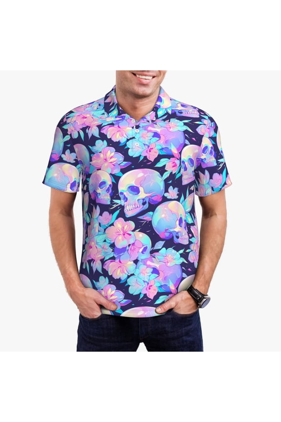 pinkk flower crystal Skull Print Men's Quick-drying POLO Shirt, Button-down Summer T-shirt, Suitable for Work and Outdoor Activities-XX-Large