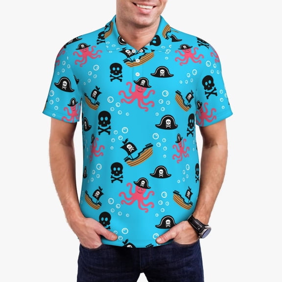 Gukieu pirate Octopus Print Men's Quick-drying POLO Shirt, Button-down Summer T-shirt, Suitable for Work and Outdoor Activities-4X-Large