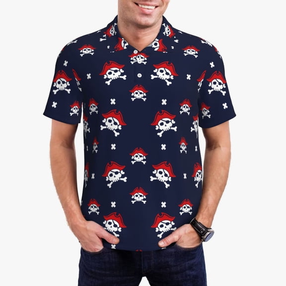 Gukieu pirates skull Print Men's Quick-drying POLO Shirt, Button-down Summer T-shirt, Suitable for Work and Outdoor Activities-Large