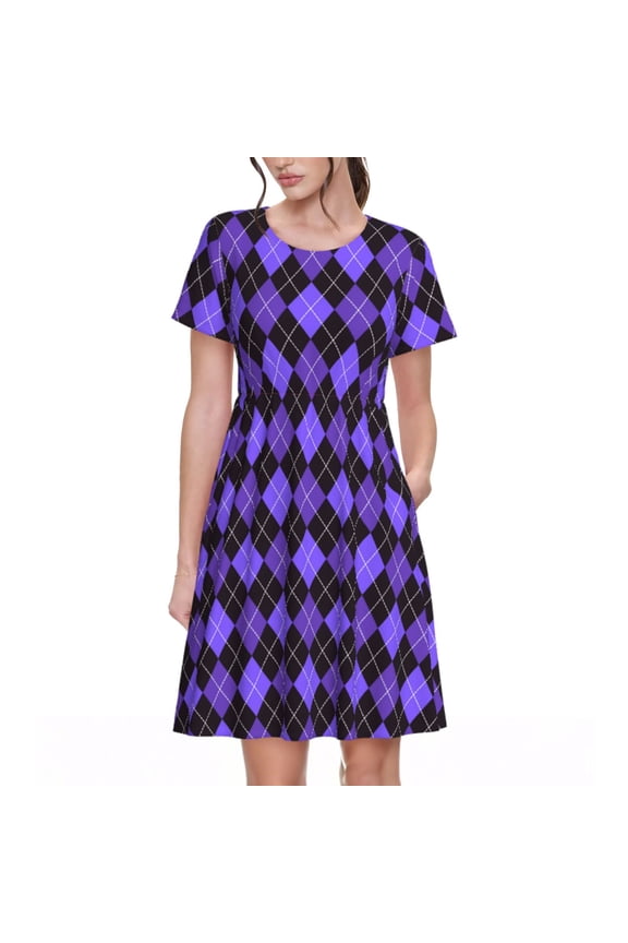 purple argyle Print Women's Short Sleeve Dress, Elastic Waistband A-line with Pockets Summer Dress, Suitable for Daily Leisure, Work, Vacation