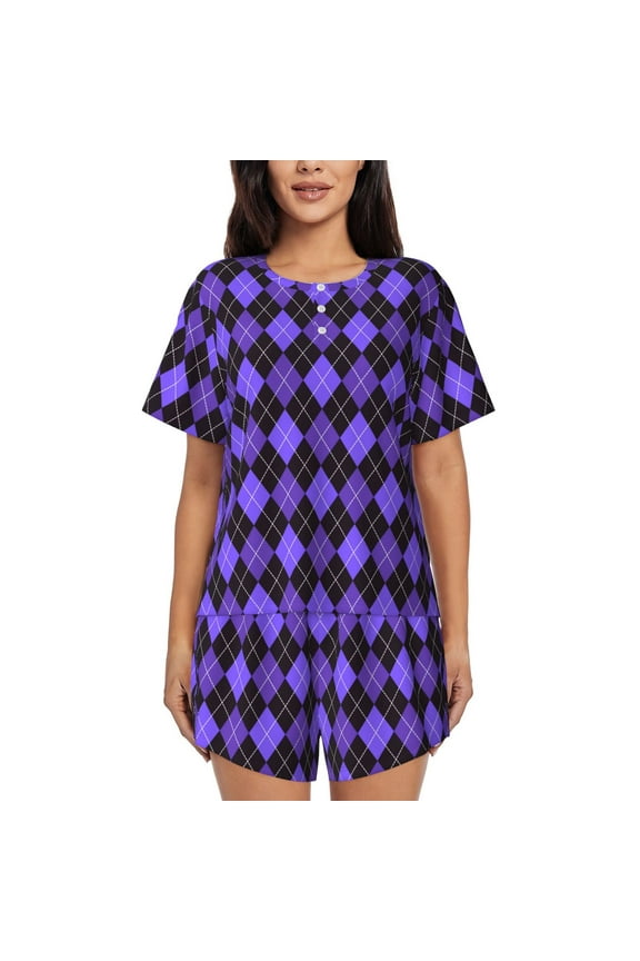 purple argyle Print Women's Short-sleeved Pajama Set, Round Neck Button Top Elastic Shorts 2-piece Set, Summer Home Leisure Clothing-Large