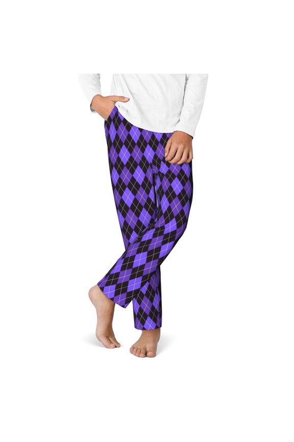 purple argyle Print Youth Home Trousers, Elastic Waistband with Pockets for Home and Outing, Suitable for Children Aged 5-16-Large