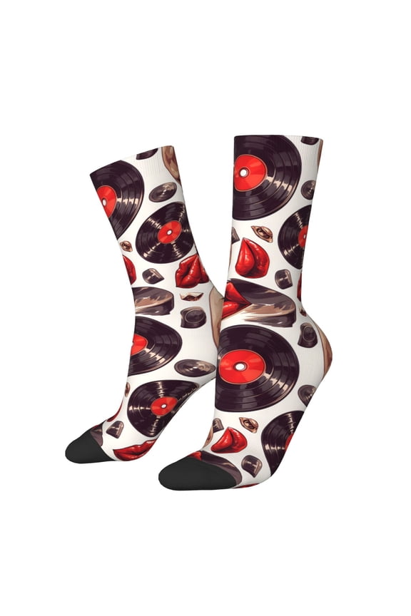 record lips Skull Print Contrast Color Mid-calf Socks, Sweat-wicking Athletic Socks, Unisex Clothing Accessories