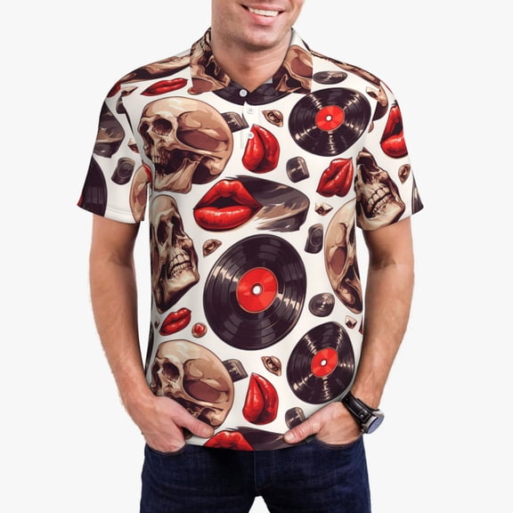 Gukieu record lips Skull Print Men's Quick-drying POLO Shirt, Button-down Summer T-shirt, Suitable for Work and Outdoor Activities-Small