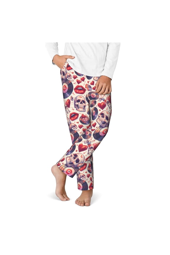 record rock Skull lips Print Youth Home Trousers, Elastic Waistband with Pockets for Home and Outing, Suitable for Children Aged 5-16-XS(5-6)