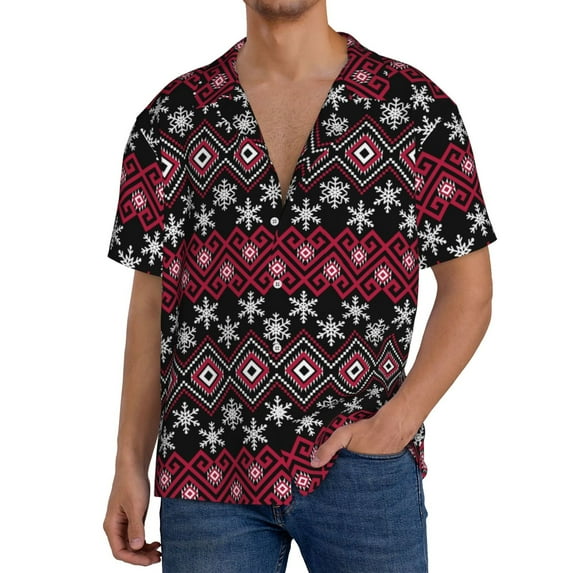 Gukieu red Minimalist Snowflake Print Men's Short-sleeved Shirts, Button-down Pocket Shirts, T-shirts, Beach Vacation Travel Summer Clothing-4X-Large