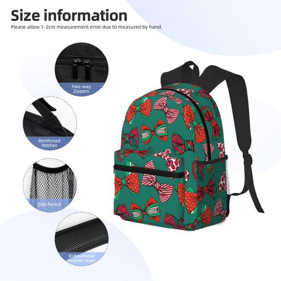 Gukieu red and green bow tie Print Backpack, Waterproof Backpack with Adjustable Shoulder Straps, Suitable for Campus, Business, Travel, Unisex