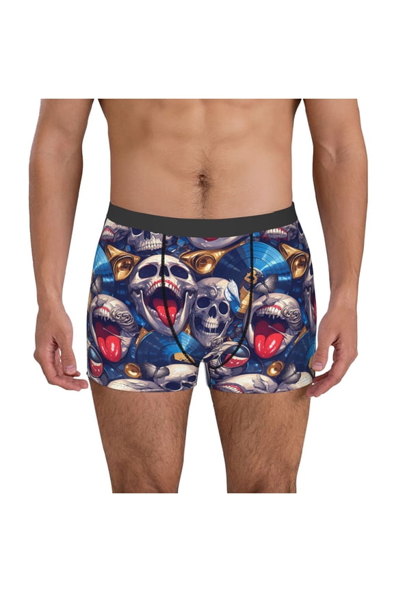 rock Skull blue record Print Men's Boxer Briefs, High Elastic Moisture Wicking Boxer Briefs Underwear-Large