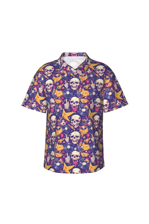 rock Skull record Print Men's Short-sleeved Shirts, Button-down Lapel Hawaiian Shirts, T-shirts, Beach Vacation Summer Casual Wear,3X-Large