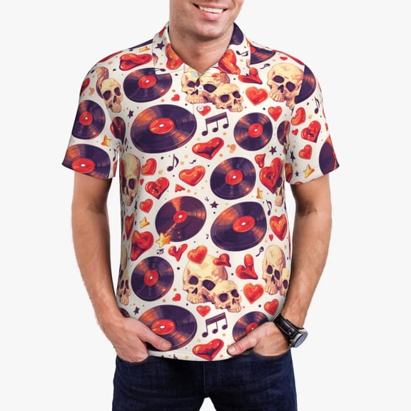 Gukieu rock Skull record heart Print Men's Quick-drying POLO Shirt, Button-down Summer T-shirt, Suitable for Work and Outdoor Activities-Small