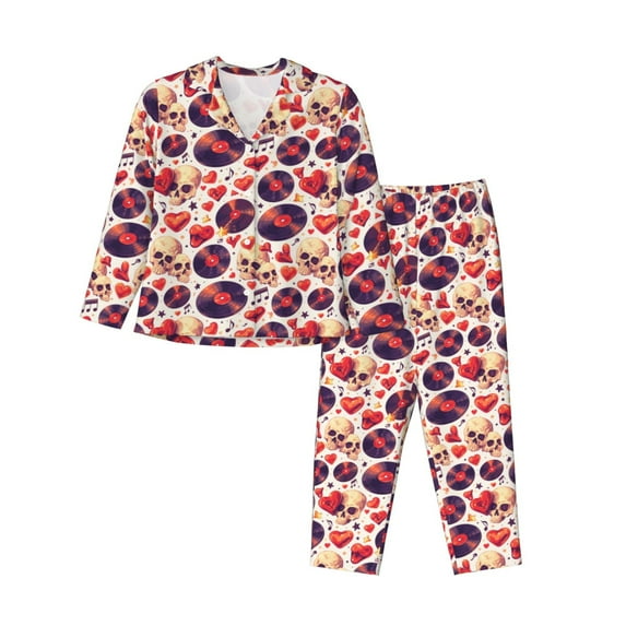 Gukieu rock Skull record heart Print Women's Long Sleeve Pajama Set, Button Top Elastic Pocket Pajama Pants Two Piece Set Home Wear-Medium