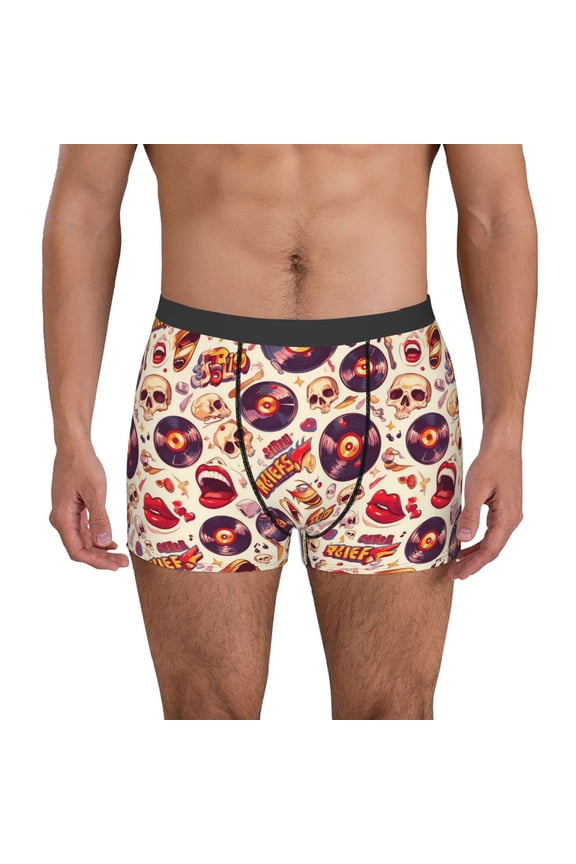 rock music Skull record Print Men's Boxer Briefs, High Elastic Moisture Wicking Boxer Briefs Underwear-Medium